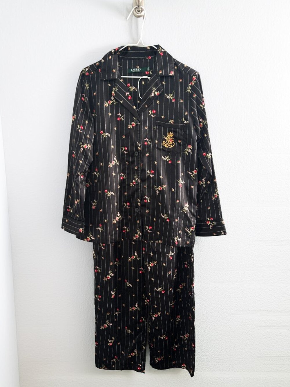 Lauren Ralph Lauren Silky Satin Crest Floral Pinstripe Pajama Set Size Small